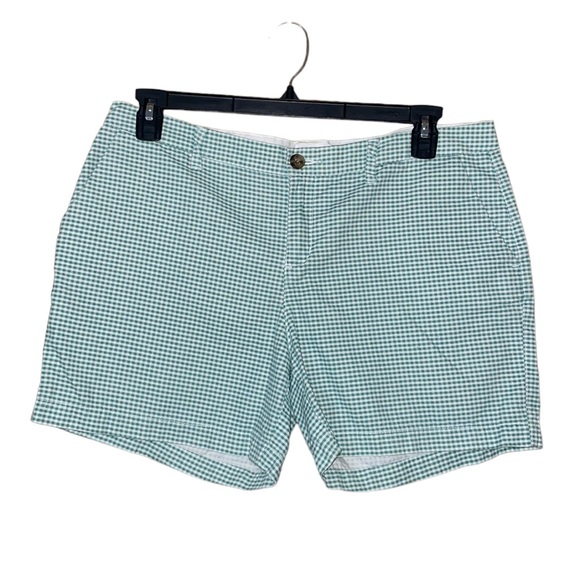 •OLD NAVY•GREEN GINGHAM HIGH WAISTED 5" INSEAM MIDI LENGTH SHORTS SIZE 12 - Picture 1 of 9